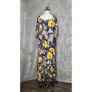 Manuhealii Hawaii Floral Maxi Dress XS Yellow Blue Tan Ruffle Hem Flowy Oversize